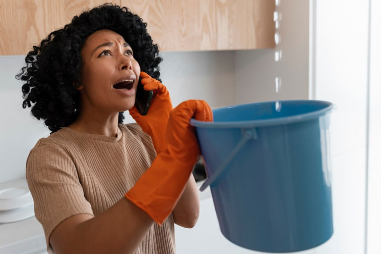 Woman holding a bucket to contain water from a flood