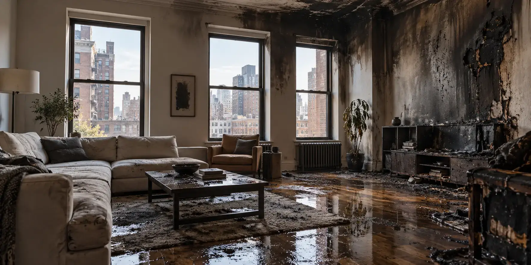 Illustrative NYC apartment living room with soot on walls and water on the floor after a fire