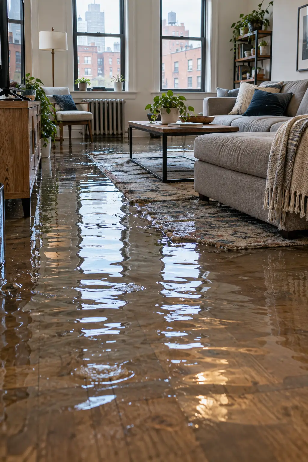 Illustration of a flooded living room after property damage