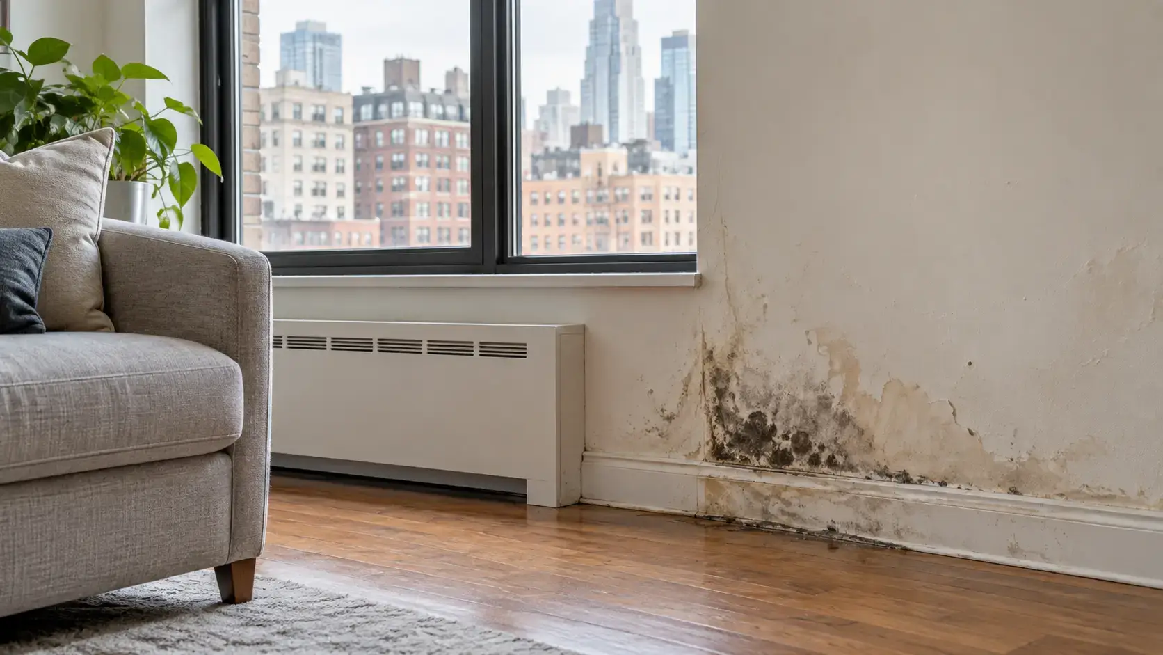 Illustrative NYC living room with visible mold and water staining near a baseboard