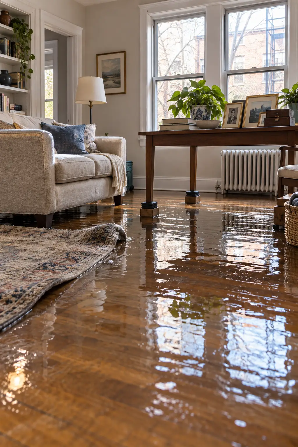 Flooded living room with belongings moved above the water