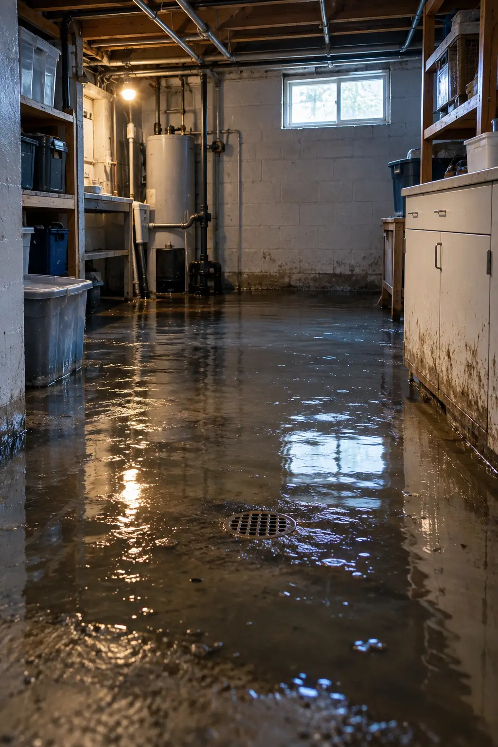 Illustrative flooded NYC basement representing sewage cleanup after a sewer backup